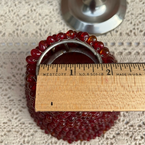 Tea Light Candle Lamp With Red Beaded Shade Silver Tone Metal Base - Picture 9 of 12